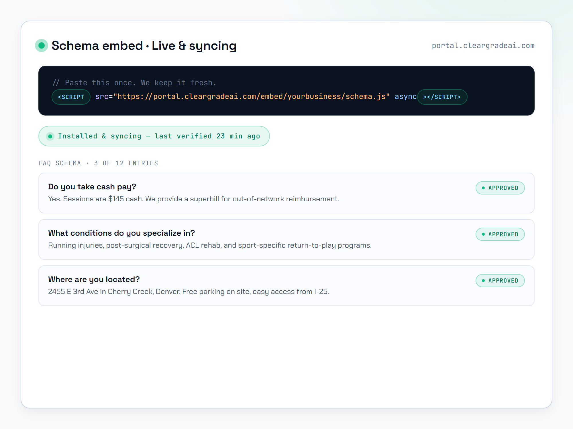 Schema embed deployed with FAQ entries approved